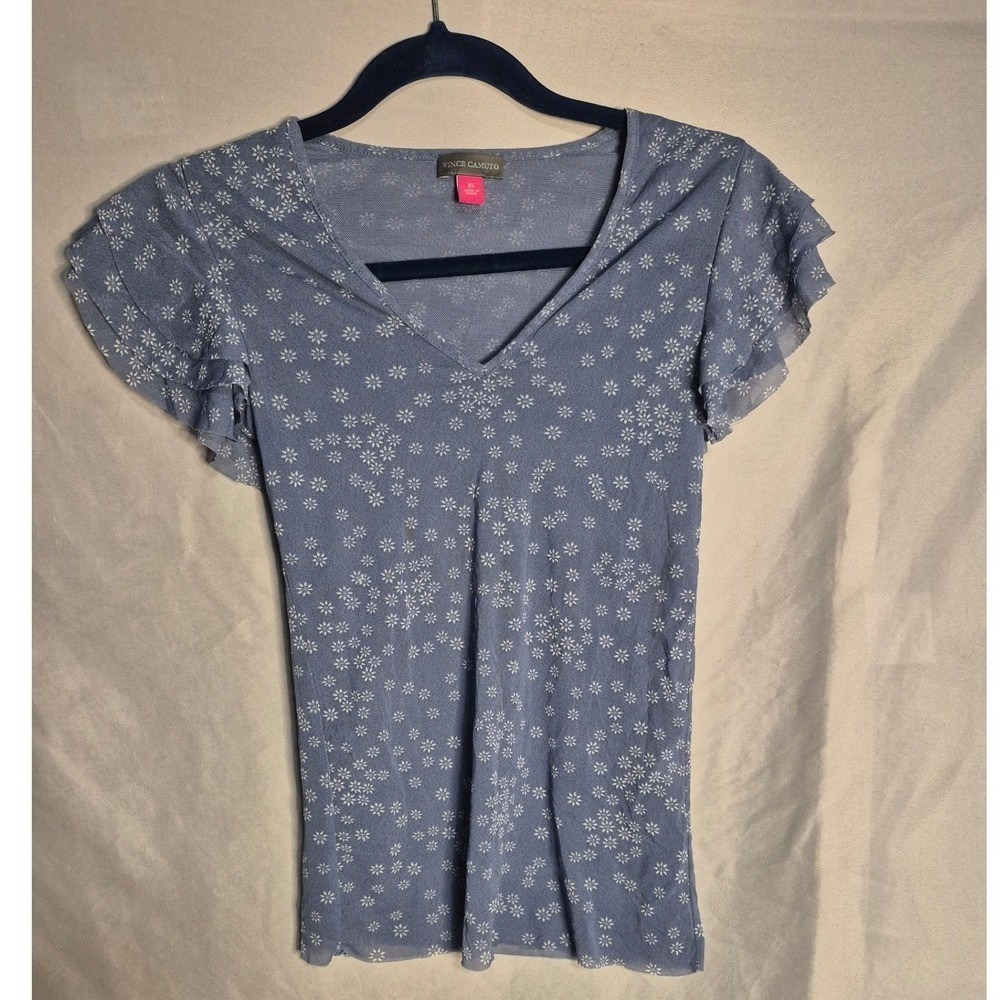 Vince Camuto Top XS Blue Floral Ruffle Sleeve V-Neck Short Sleeve Shirt
